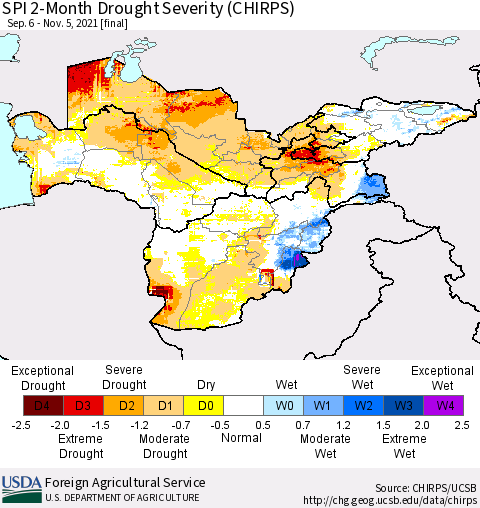 Central Asia SPI 2-Month Drought Severity (CHIRPS) Thematic Map For 9/6/2021 - 11/5/2021