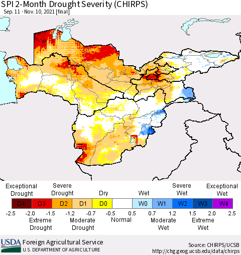 Central Asia SPI 2-Month Drought Severity (CHIRPS) Thematic Map For 9/11/2021 - 11/10/2021