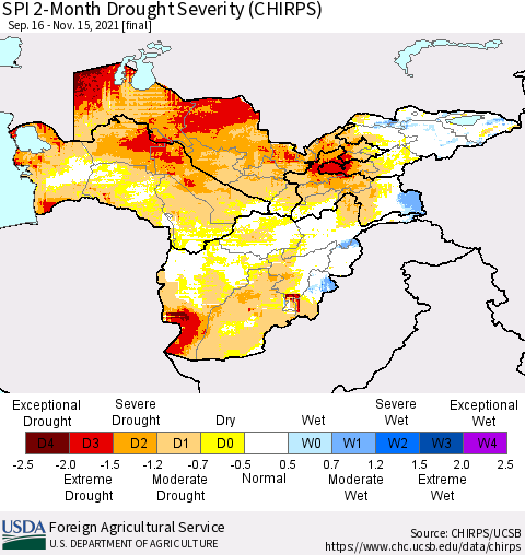 Central Asia SPI 2-Month Drought Severity (CHIRPS) Thematic Map For 9/16/2021 - 11/15/2021