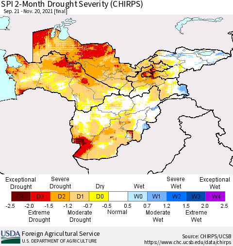 Central Asia SPI 2-Month Drought Severity (CHIRPS) Thematic Map For 9/21/2021 - 11/20/2021