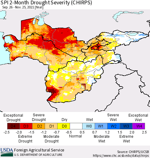 Central Asia SPI 2-Month Drought Severity (CHIRPS) Thematic Map For 9/26/2021 - 11/25/2021