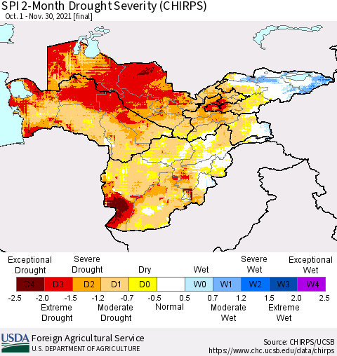 Central Asia SPI 2-Month Drought Severity (CHIRPS) Thematic Map For 10/1/2021 - 11/30/2021