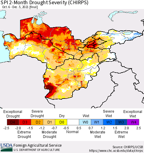 Central Asia SPI 2-Month Drought Severity (CHIRPS) Thematic Map For 10/6/2021 - 12/5/2021