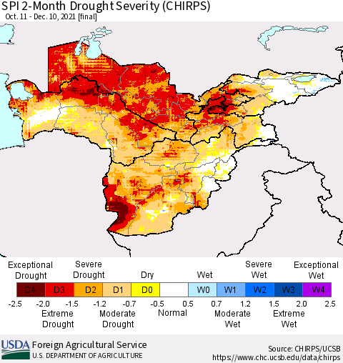 Central Asia SPI 2-Month Drought Severity (CHIRPS) Thematic Map For 10/11/2021 - 12/10/2021