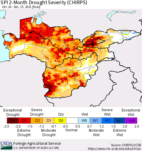 Central Asia SPI 2-Month Drought Severity (CHIRPS) Thematic Map For 10/16/2021 - 12/15/2021