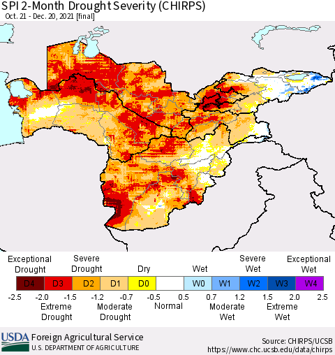 Central Asia SPI 2-Month Drought Severity (CHIRPS) Thematic Map For 10/21/2021 - 12/20/2021