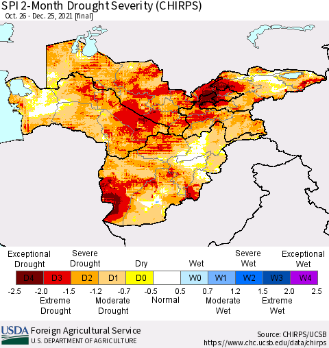 Central Asia SPI 2-Month Drought Severity (CHIRPS) Thematic Map For 10/26/2021 - 12/25/2021