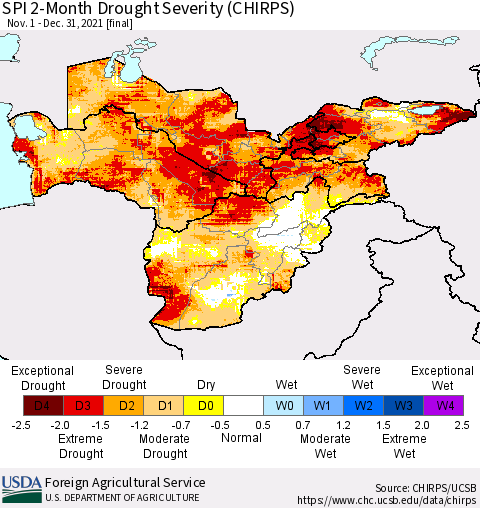 Central Asia SPI 2-Month Drought Severity (CHIRPS) Thematic Map For 11/1/2021 - 12/31/2021