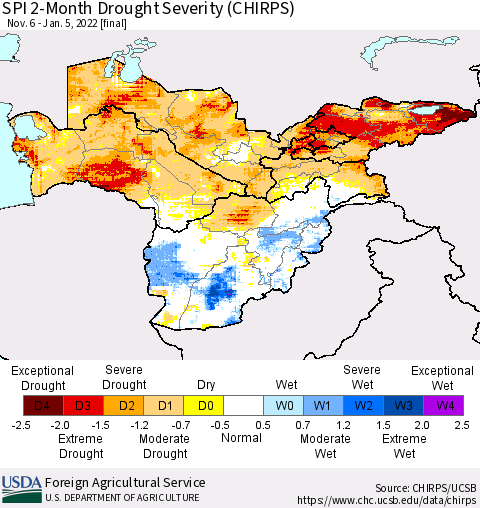 Central Asia SPI 2-Month Drought Severity (CHIRPS) Thematic Map For 11/6/2021 - 1/5/2022