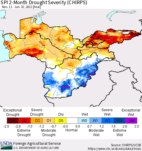 Central Asia SPI 2-Month Drought Severity (CHIRPS) Thematic Map For 11/11/2021 - 1/10/2022