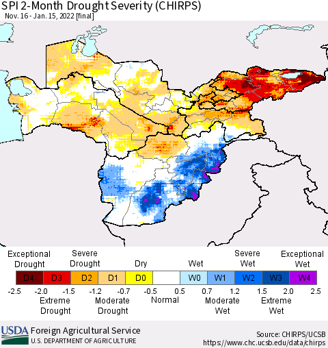 Central Asia SPI 2-Month Drought Severity (CHIRPS) Thematic Map For 11/16/2021 - 1/15/2022