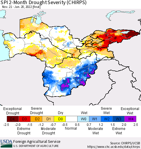 Central Asia SPI 2-Month Drought Severity (CHIRPS) Thematic Map For 11/21/2021 - 1/20/2022