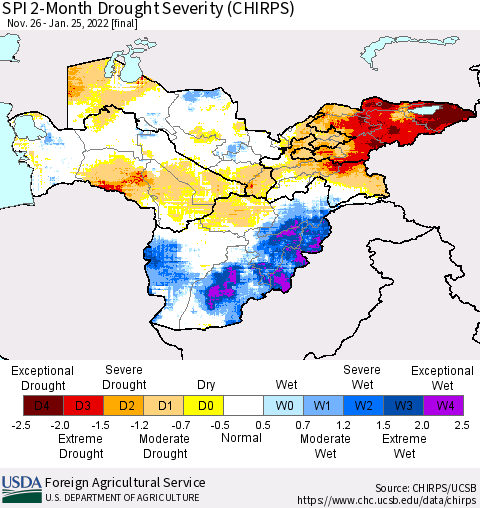 Central Asia SPI 2-Month Drought Severity (CHIRPS) Thematic Map For 11/26/2021 - 1/25/2022