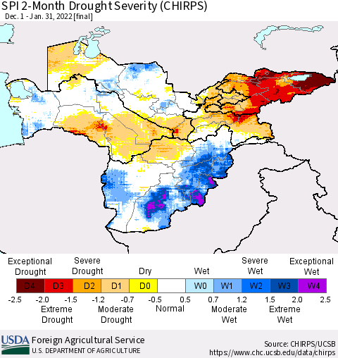 Central Asia SPI 2-Month Drought Severity (CHIRPS) Thematic Map For 12/1/2021 - 1/31/2022