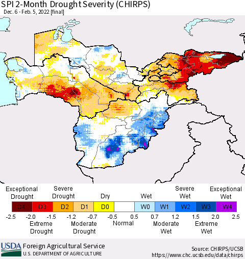 Central Asia SPI 2-Month Drought Severity (CHIRPS) Thematic Map For 12/6/2021 - 2/5/2022