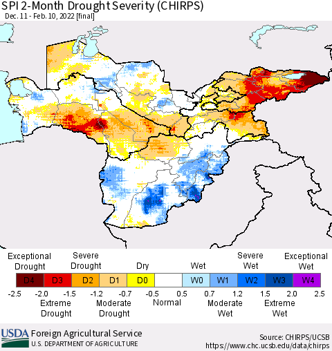 Central Asia SPI 2-Month Drought Severity (CHIRPS) Thematic Map For 12/11/2021 - 2/10/2022