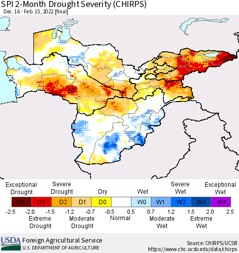 Central Asia SPI 2-Month Drought Severity (CHIRPS) Thematic Map For 12/16/2021 - 2/15/2022