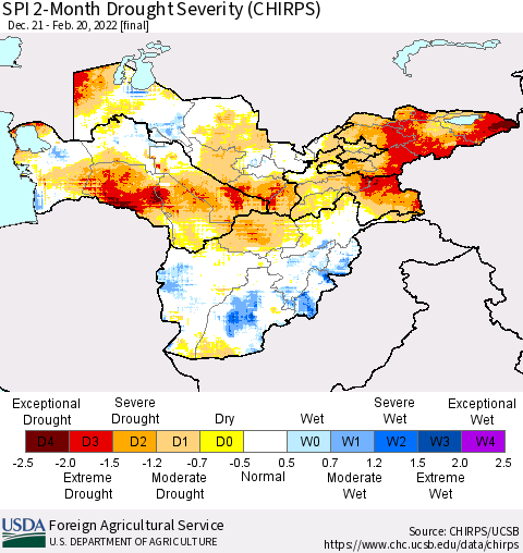 Central Asia SPI 2-Month Drought Severity (CHIRPS) Thematic Map For 12/21/2021 - 2/20/2022
