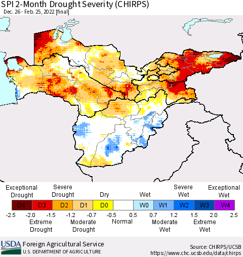Central Asia SPI 2-Month Drought Severity (CHIRPS) Thematic Map For 12/26/2021 - 2/25/2022