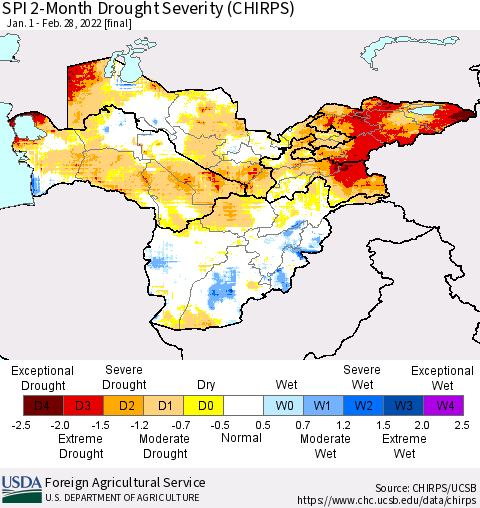 Central Asia SPI 2-Month Drought Severity (CHIRPS) Thematic Map For 1/1/2022 - 2/28/2022