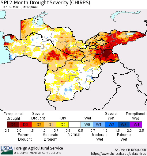 Central Asia SPI 2-Month Drought Severity (CHIRPS) Thematic Map For 1/6/2022 - 3/5/2022
