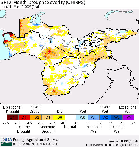 Central Asia SPI 2-Month Drought Severity (CHIRPS) Thematic Map For 1/11/2022 - 3/10/2022