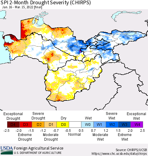 Central Asia SPI 2-Month Drought Severity (CHIRPS) Thematic Map For 1/16/2022 - 3/15/2022