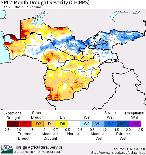 Central Asia SPI 2-Month Drought Severity (CHIRPS) Thematic Map For 1/21/2022 - 3/20/2022