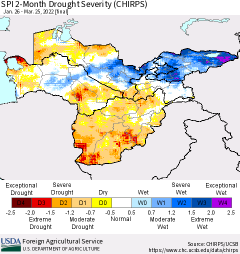 Central Asia SPI 2-Month Drought Severity (CHIRPS) Thematic Map For 1/26/2022 - 3/25/2022
