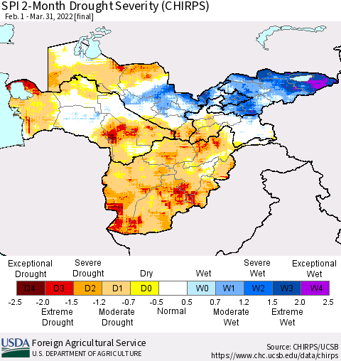 Central Asia SPI 2-Month Drought Severity (CHIRPS) Thematic Map For 2/1/2022 - 3/31/2022