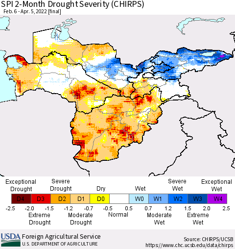 Central Asia SPI 2-Month Drought Severity (CHIRPS) Thematic Map For 2/6/2022 - 4/5/2022