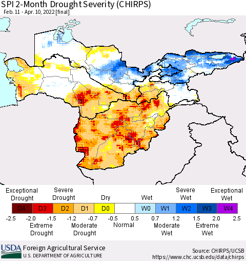 Central Asia SPI 2-Month Drought Severity (CHIRPS) Thematic Map For 2/11/2022 - 4/10/2022