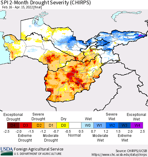Central Asia SPI 2-Month Drought Severity (CHIRPS) Thematic Map For 2/16/2022 - 4/15/2022