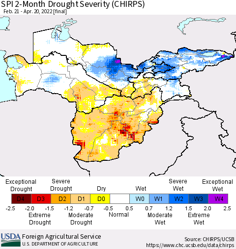 Central Asia SPI 2-Month Drought Severity (CHIRPS) Thematic Map For 2/21/2022 - 4/20/2022
