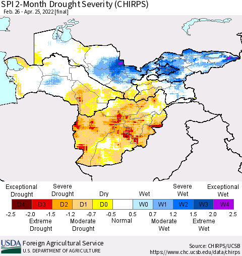 Central Asia SPI 2-Month Drought Severity (CHIRPS) Thematic Map For 2/26/2022 - 4/25/2022