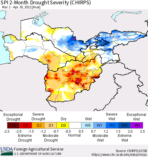 Central Asia SPI 2-Month Drought Severity (CHIRPS) Thematic Map For 3/1/2022 - 4/30/2022