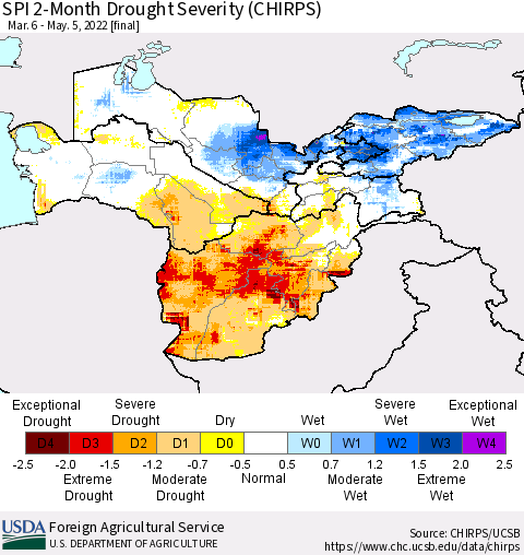 Central Asia SPI 2-Month Drought Severity (CHIRPS) Thematic Map For 3/6/2022 - 5/5/2022