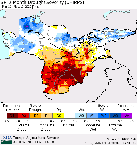 Central Asia SPI 2-Month Drought Severity (CHIRPS) Thematic Map For 3/11/2022 - 5/10/2022