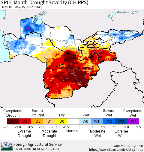 Central Asia SPI 2-Month Drought Severity (CHIRPS) Thematic Map For 3/16/2022 - 5/15/2022