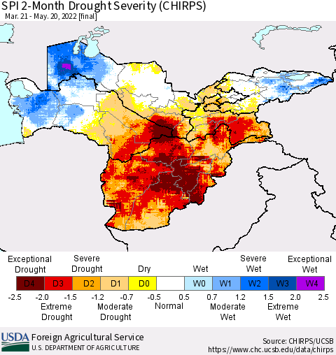 Central Asia SPI 2-Month Drought Severity (CHIRPS) Thematic Map For 3/21/2022 - 5/20/2022