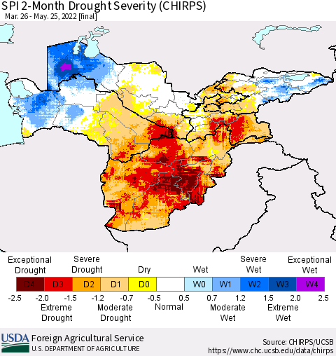 Central Asia SPI 2-Month Drought Severity (CHIRPS) Thematic Map For 3/26/2022 - 5/25/2022