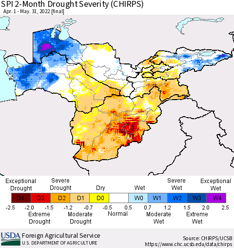 Central Asia SPI 2-Month Drought Severity (CHIRPS) Thematic Map For 4/1/2022 - 5/31/2022