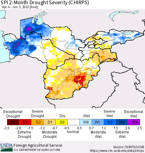 Central Asia SPI 2-Month Drought Severity (CHIRPS) Thematic Map For 4/6/2022 - 6/5/2022