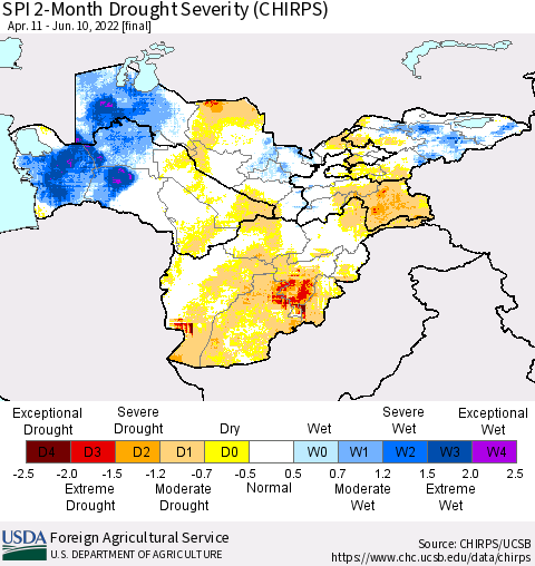 Central Asia SPI 2-Month Drought Severity (CHIRPS) Thematic Map For 4/11/2022 - 6/10/2022