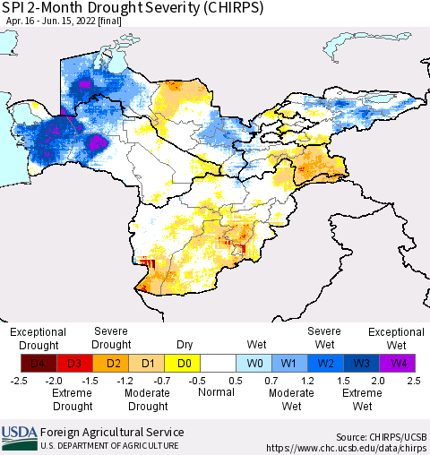 Central Asia SPI 2-Month Drought Severity (CHIRPS) Thematic Map For 4/16/2022 - 6/15/2022