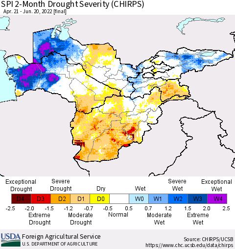 Central Asia SPI 2-Month Drought Severity (CHIRPS) Thematic Map For 4/21/2022 - 6/20/2022