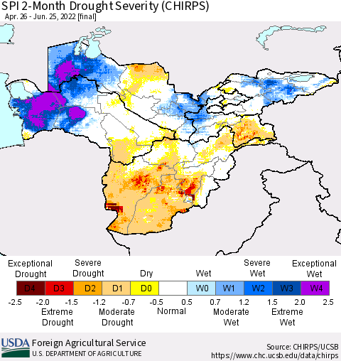 Central Asia SPI 2-Month Drought Severity (CHIRPS) Thematic Map For 4/26/2022 - 6/25/2022