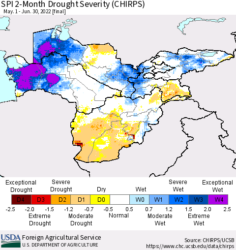 Central Asia SPI 2-Month Drought Severity (CHIRPS) Thematic Map For 5/1/2022 - 6/30/2022