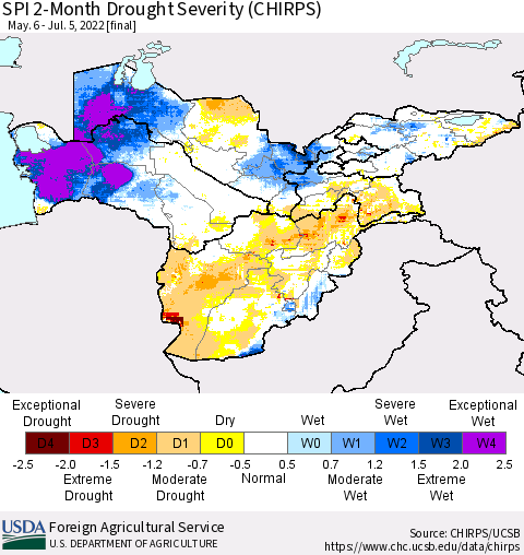 Central Asia SPI 2-Month Drought Severity (CHIRPS) Thematic Map For 5/6/2022 - 7/5/2022