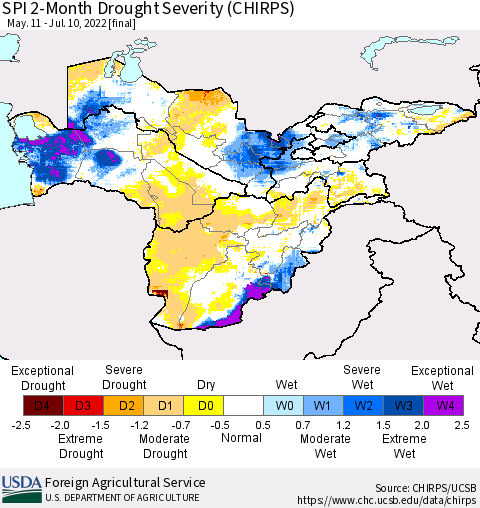 Central Asia SPI 2-Month Drought Severity (CHIRPS) Thematic Map For 5/11/2022 - 7/10/2022